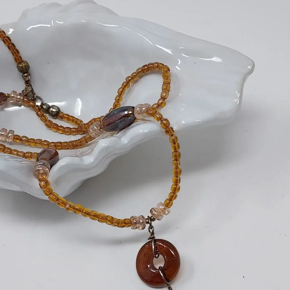 Glass Bead Necklace Honey Root Beer Color Donut Teardrop Pendant Boho 36